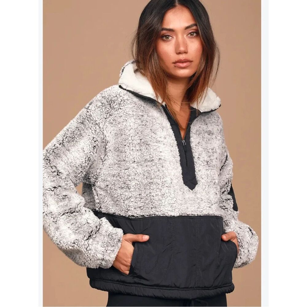Free People FP Movement BFF Fleece Pullover Black Gray Sherpa Half Zip XS